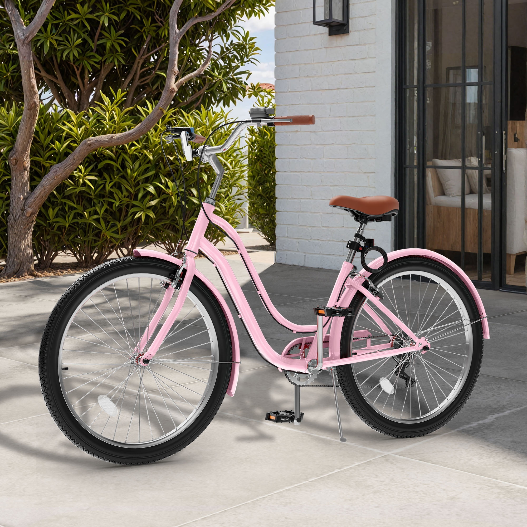 Uforic 26 Inch Beach Cruiser Bike with 7-Speed, Wide Tires, Adjustable Seat, Fenders, for Adult, Pink