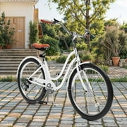 Uforic 26 Inch Beach Cruiser Bike with 7-Speed, Wide Tires, Adjustable Seat, Fenders, for Adult, White