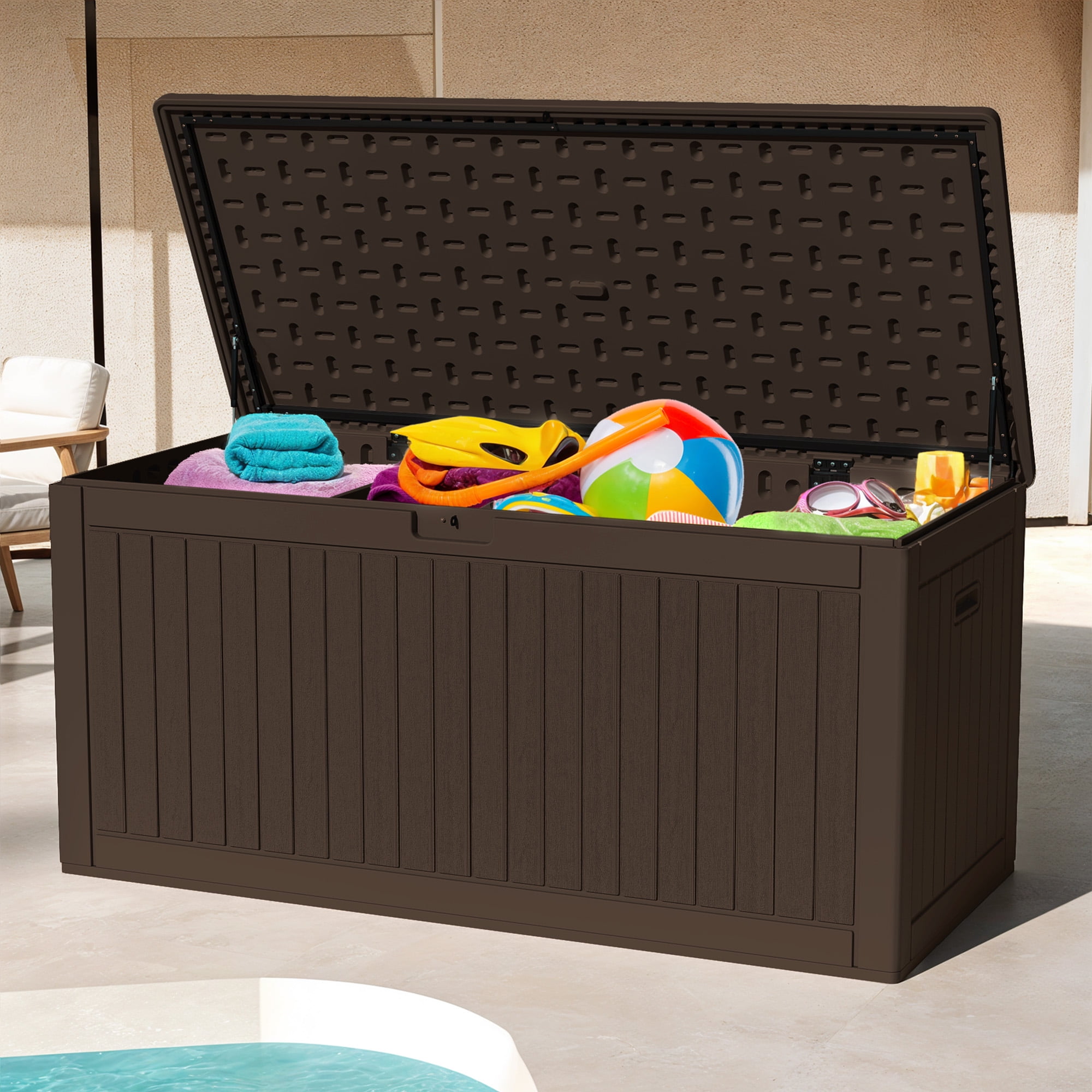 Uforic 260 Gallon Extra Large Outdoor Deck Box, Double-Wall Resin Storage Box with Flexible Divider, Lockable,‎ Weatherproof, Brown