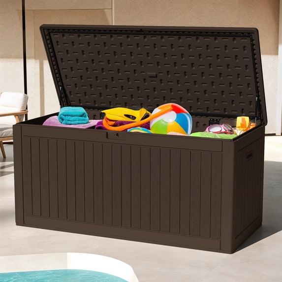 Uforic 260 Gallon Extra Large Outdoor Deck Box, Double-Wall Resin Storage Box with Flexible Divider, Lockable, Weatherproof, Brown