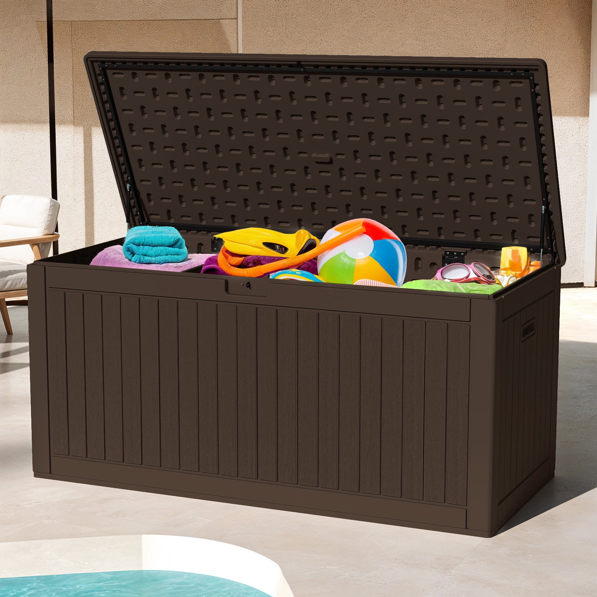 Uforic 260 Gallon Large Deck Box, Double-Wall Resin Outdoor Storage Bin with Divider, Lockable Weatherproof, Brown