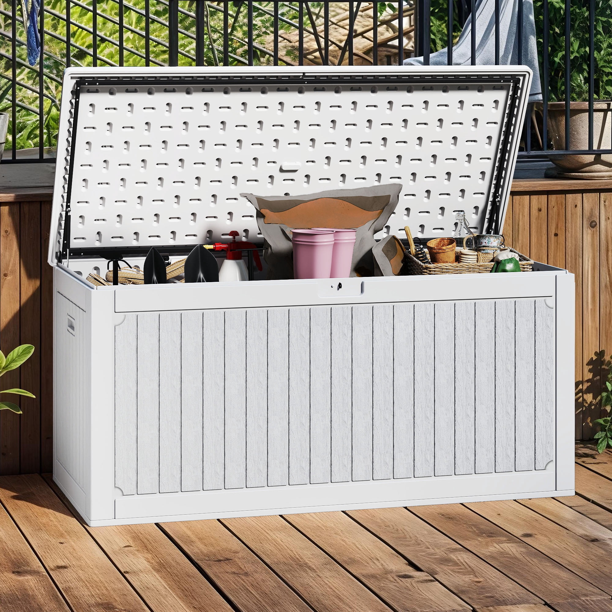 Uforic 260 Gallon Large Outdoor Resin Deck Box Waterproof Lockable Storage Container with Divider & Handles, White