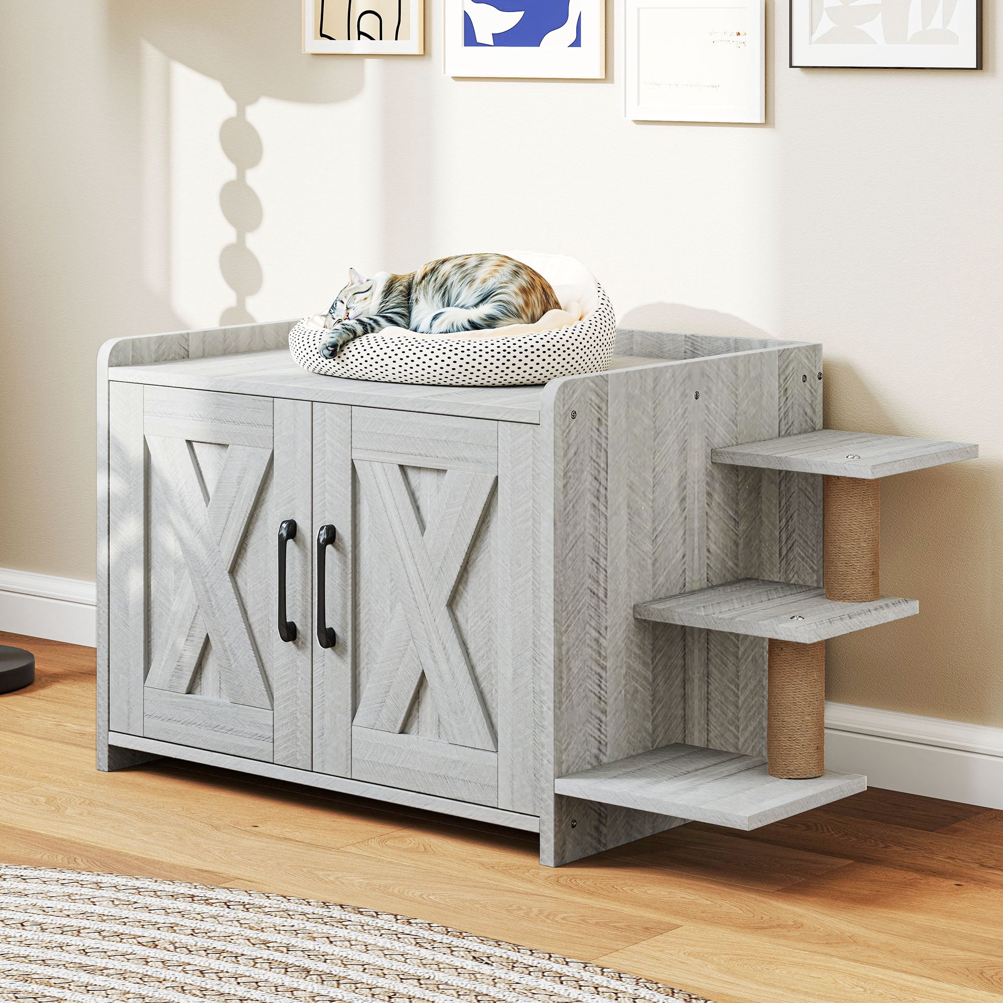 Uforic 27" Cat Litter Box Enclosure, Wooden Cat House Furniture with Scratching Posts & Plush Cushion, Gray