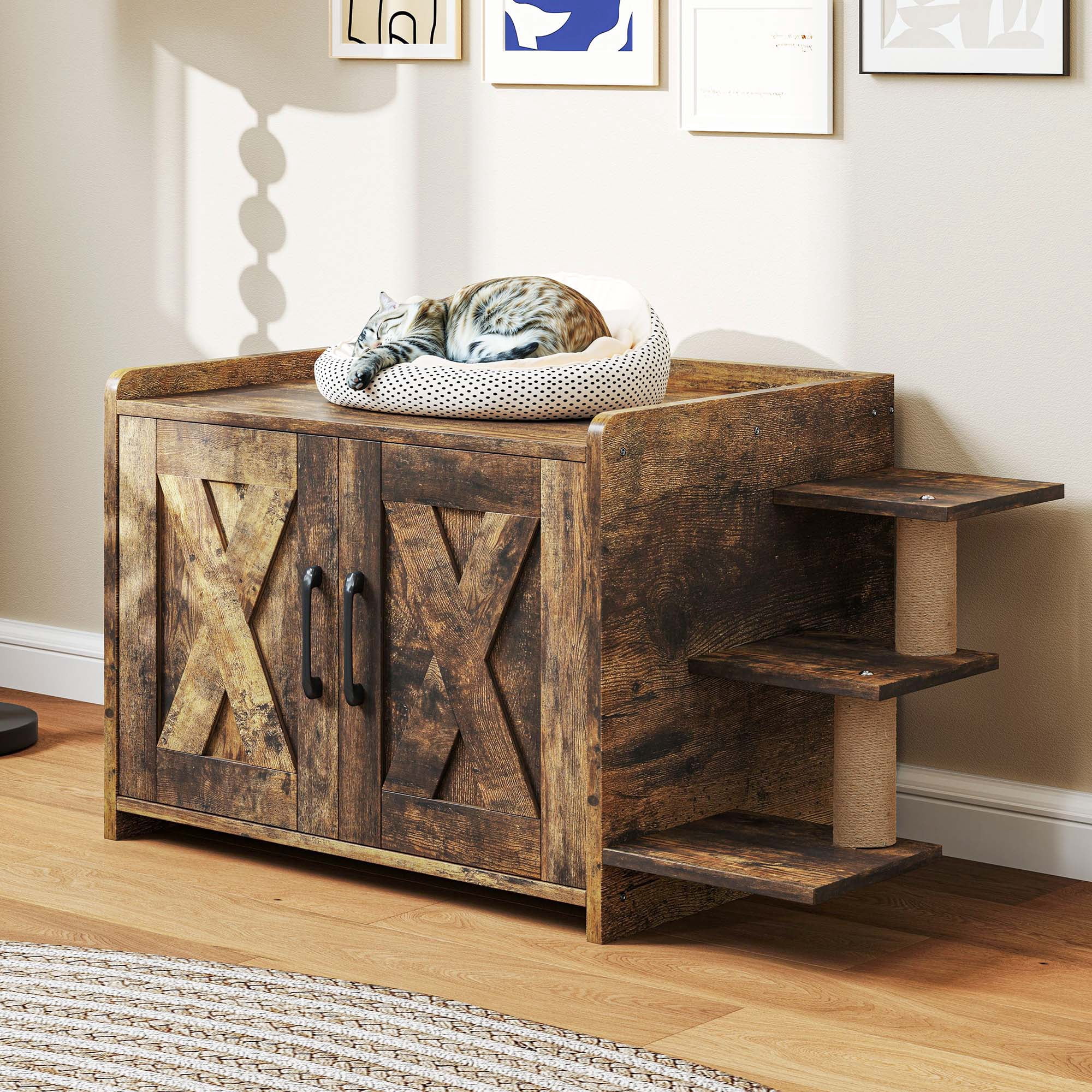 Uforic 27" Cat Litter Box Enclosure, Wooden Cat House Furniture with Scratching Posts & Plush Cushion, Rustic Brown