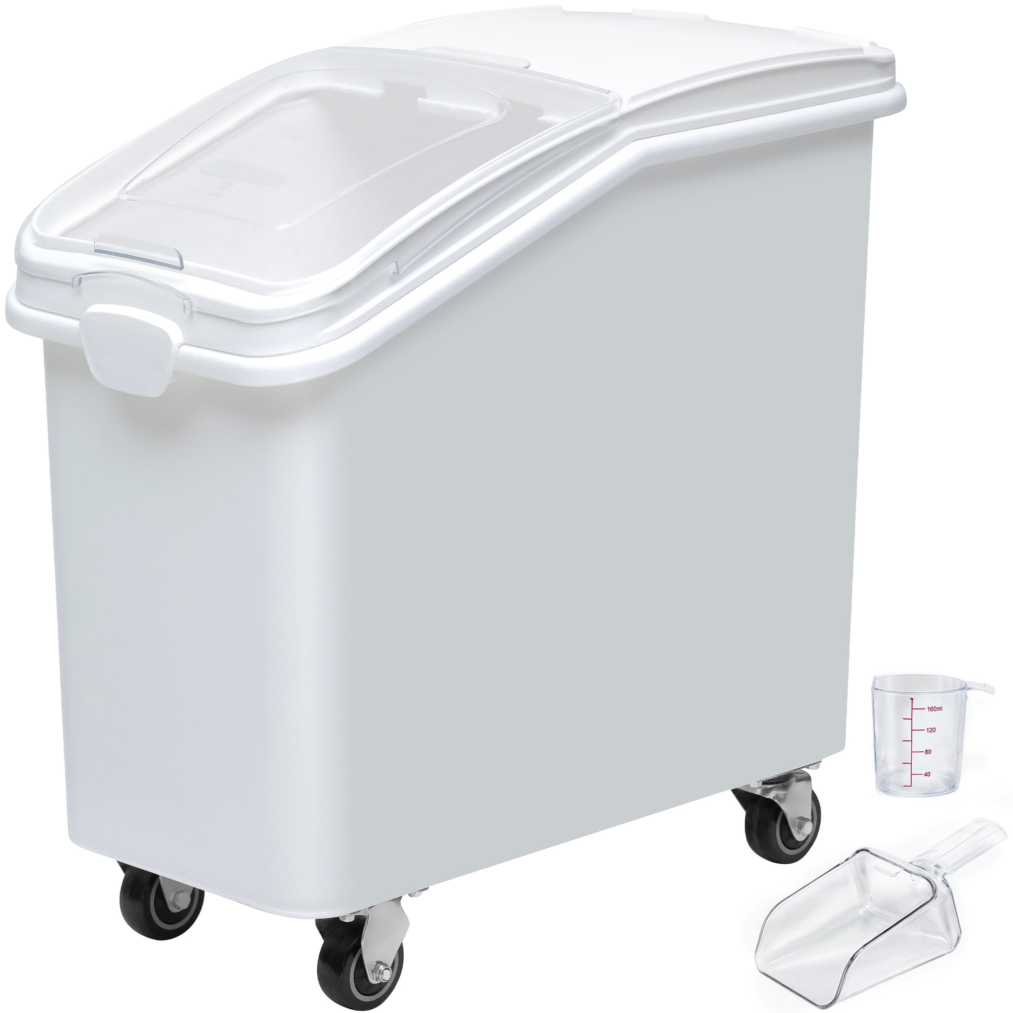 Uforic 27 Gal Large Ingredient Storage Bin, 625 Cups Commercial Food Container, Bulk Flour Storage Bin with 360° Wheels, Scoop and Lid, Kitchen Dry Food Storage Bin, White