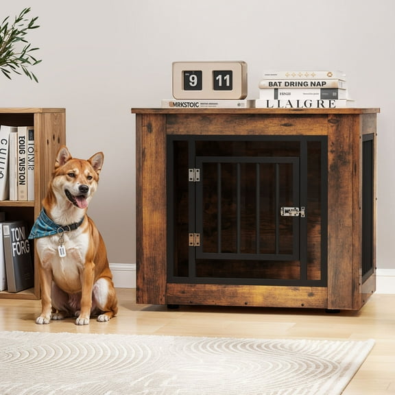 Uforic 27"L Wooden Dog Crate Furniture with Steel Lock,for Small Dogs up to 30 Lb, 27.1"L x 20.1"W x 24"H