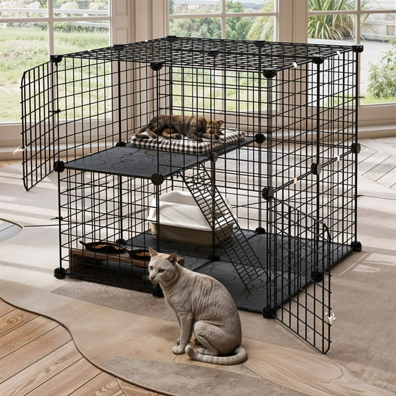 Uforic 28" Cat Cage, 2 Tier Indoor Cat Enclosures, DIY Cat Playpen Metal Kennel for 1-2 Cats,28"L x 28"W x 28"H,Black