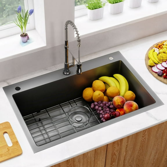 Uforic 28 In Drop-In Kitchen Sink, Stainless Steel Top Mount Single Bowl with Sink Protector, Nano Gunmetal Finish for Workstation, Prep Kitchen, or Bar