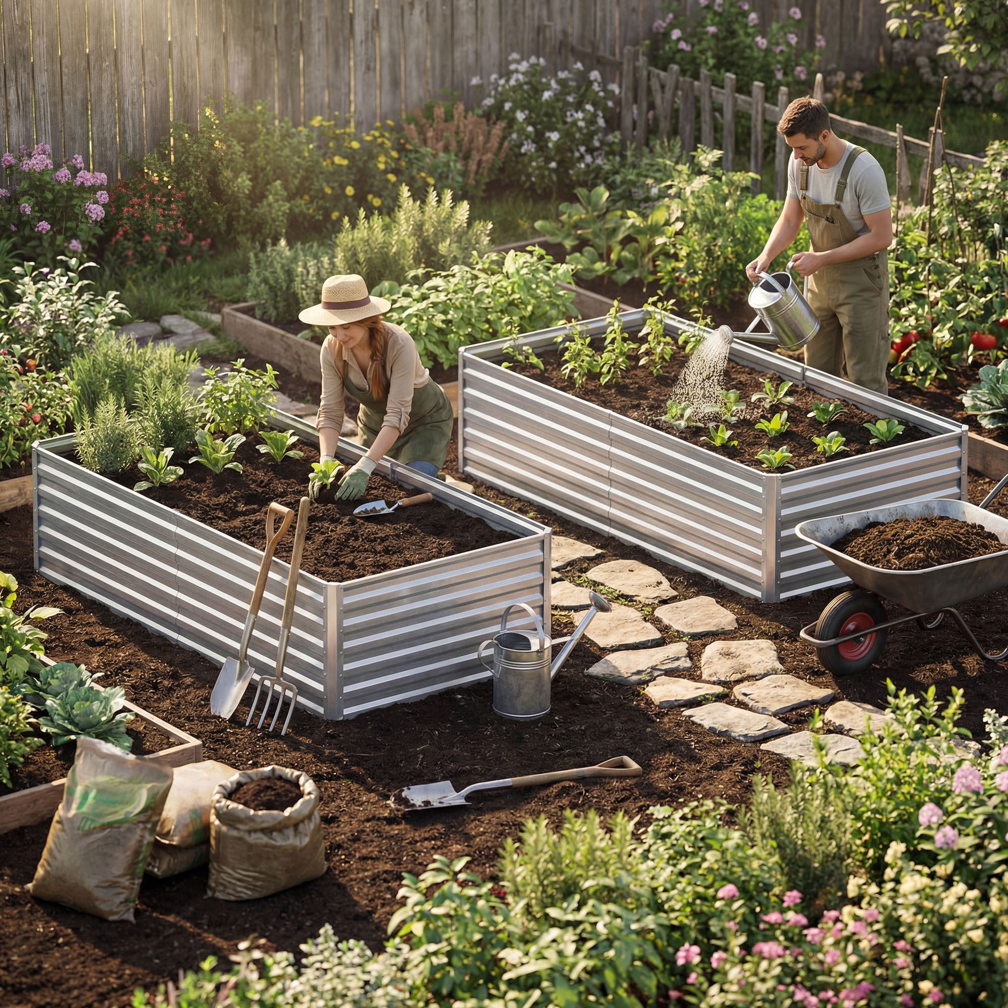 Uforic 2PCS 6X3X2FT Galvanized Metal Raised Garden Bed Kit with Gardening Gloves, Ground Nails & Support Rod, Outdoor Above Ground Planter Box for Plants Vegetables Flowers, Silver