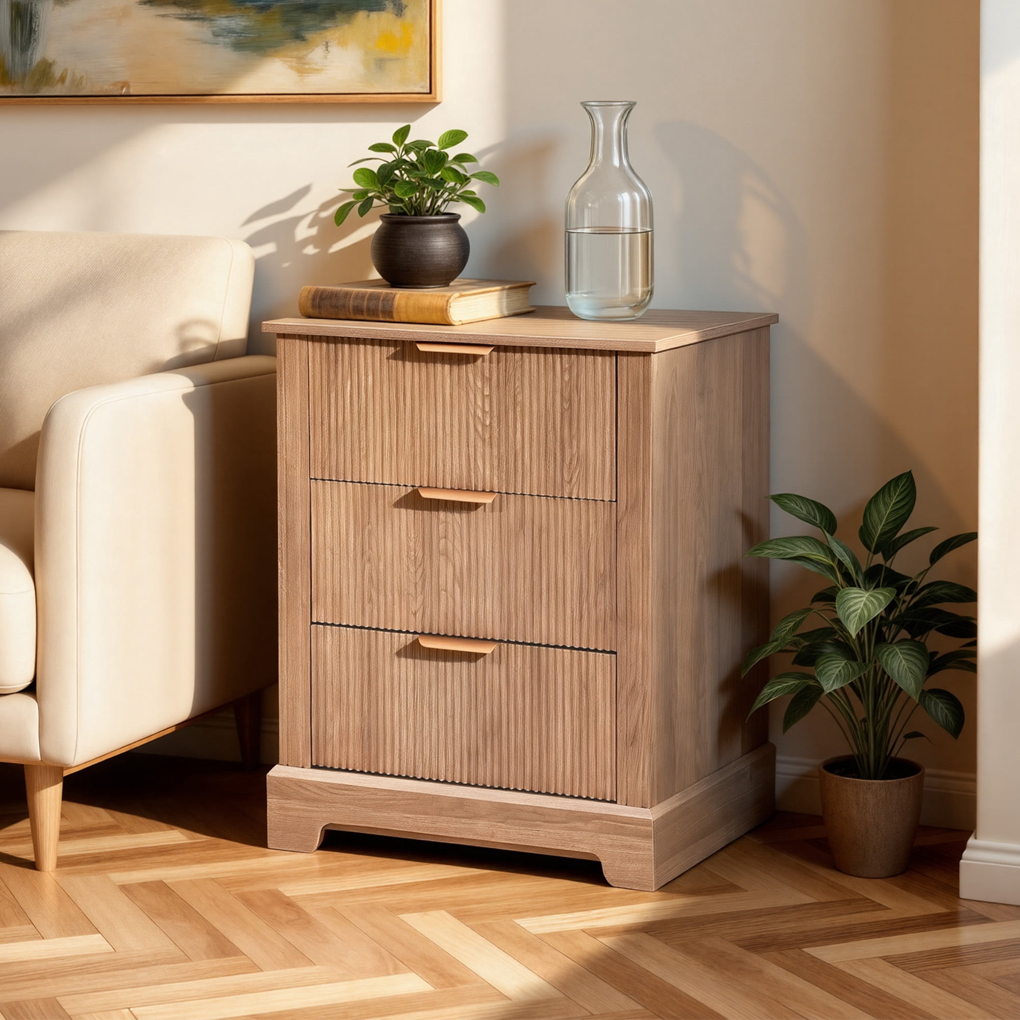 Uforic 2PCS Fluted Nightstand Set with Drawer & Charging Station, Oak Color End Table with 3 Drawers, Side Table for Bedroom Living Room