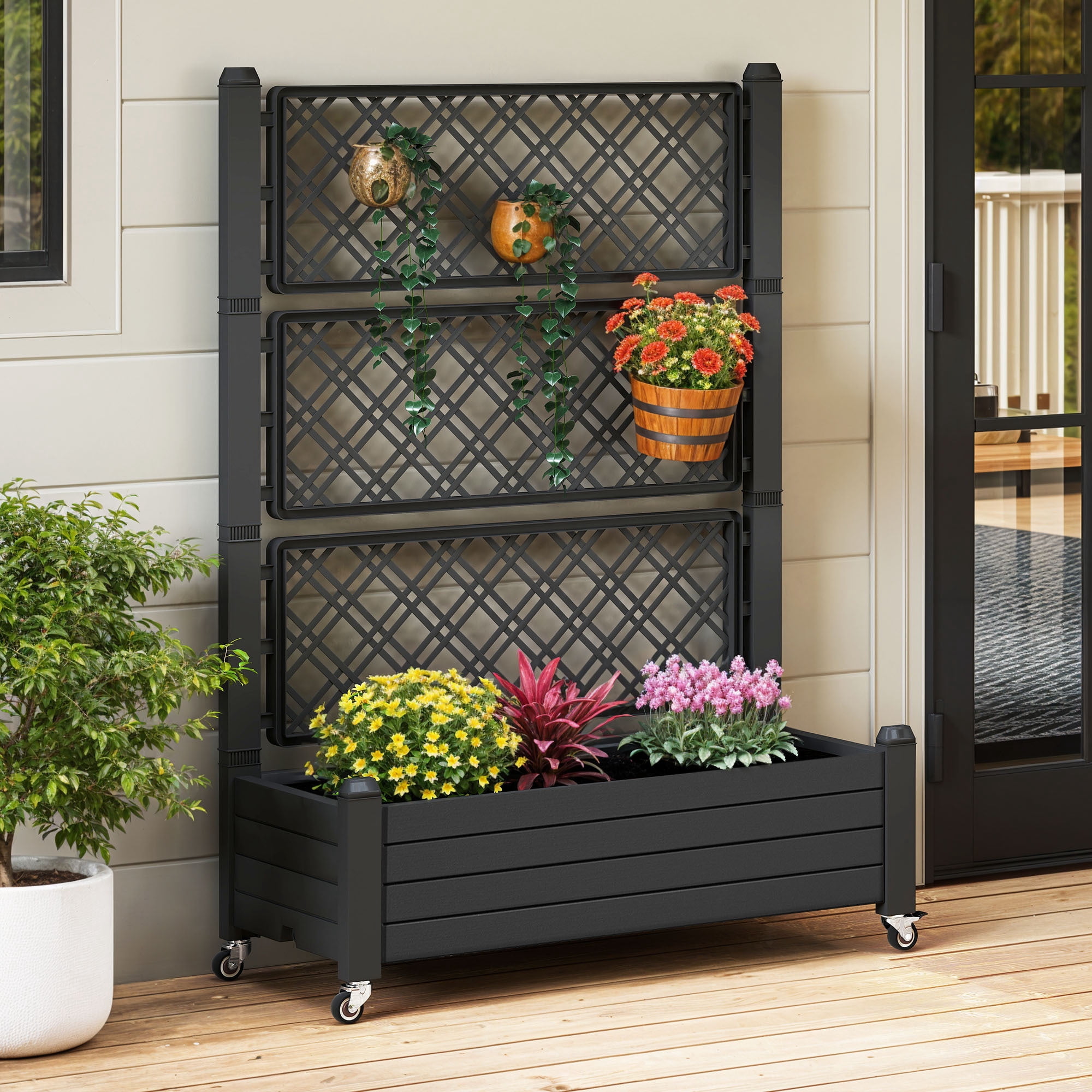 Uforic 3.6 x 1.5 x 5 FT Raised Garden Bed with Trellis, Large Outdoor Planter Box on Wheels for Patio, Black for Climbing Plants Vegetables