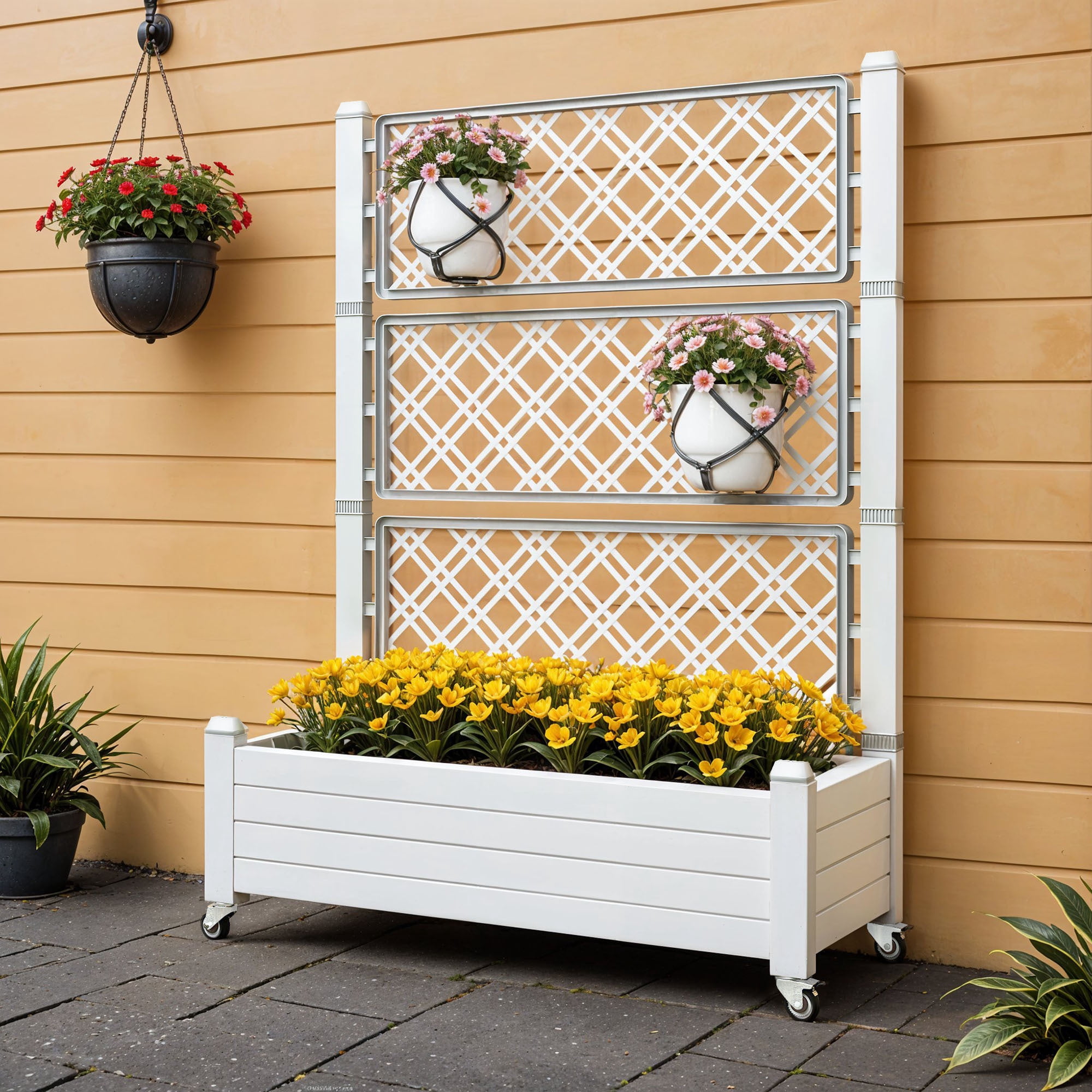 Uforic 3.6 x 1.5 x 5 FT Raised Garden Bed with Trellis, Large Outdoor Planter Box on Wheels for Patio, Grayish-White for Climbing Plants Vegetables