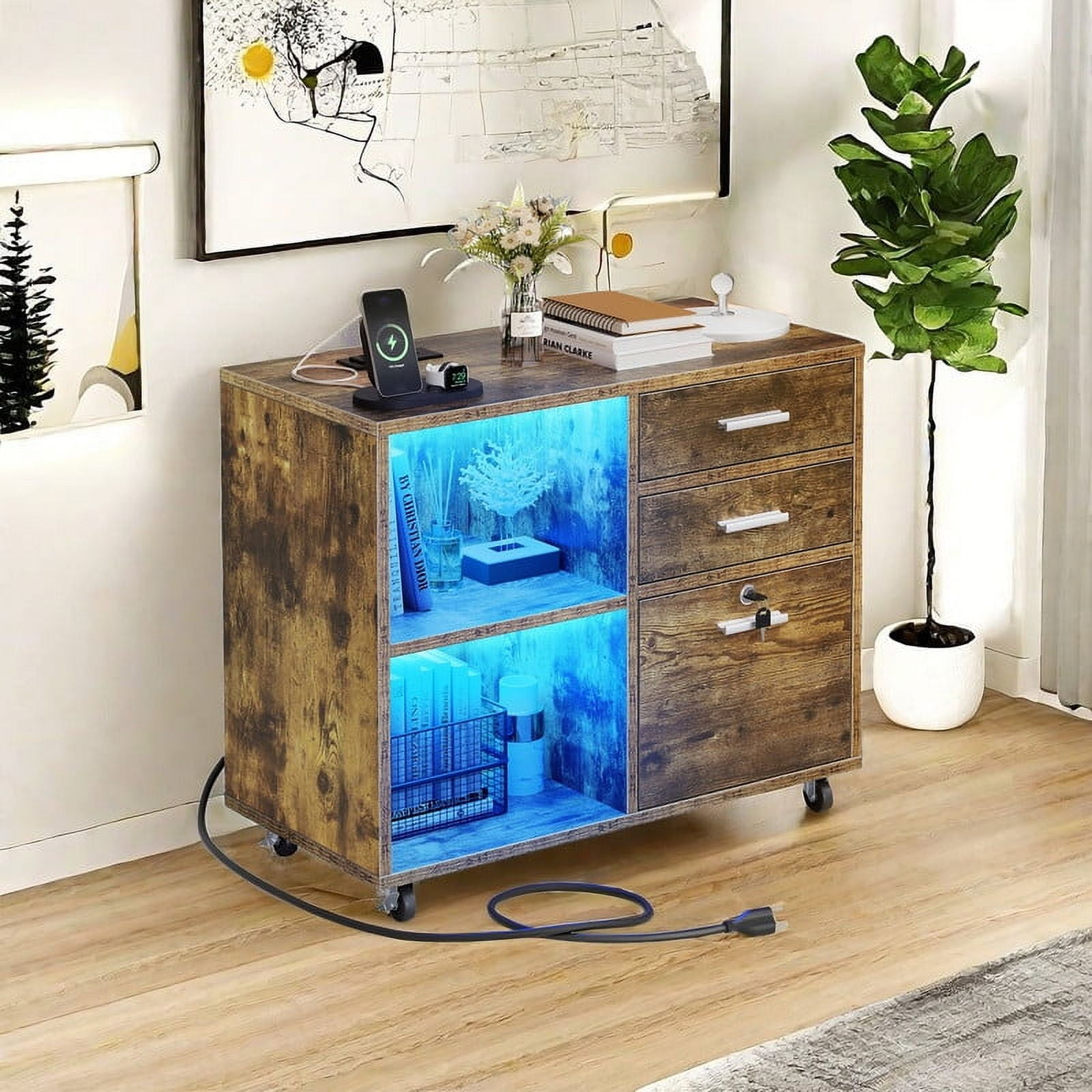 Led Open Filing Light Free Shipping! Uforic 3 Drawer File Cabinet with Charging Station Lock ...