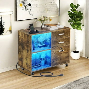 Uforic 3 Drawer File Cabinet with Charging Station& Lock, Mobile Lateral Filing Cabinet with LED Light & Open Storage Shelf, Rolling Printer Stand for Office, Brown