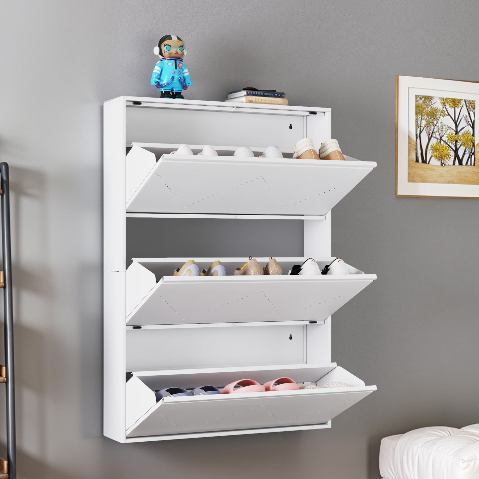 Uforic 3-Drawer Metal Shoe Storage Cabinet, Wall Mount Shoe Rack Organizer, White