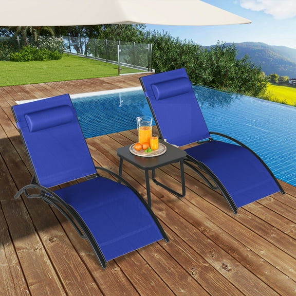 Uforic 3 Pcs Paito Outdoor Chaise Lounge Chair,Folding & Adjustable Reclining Armrest Pool Blue