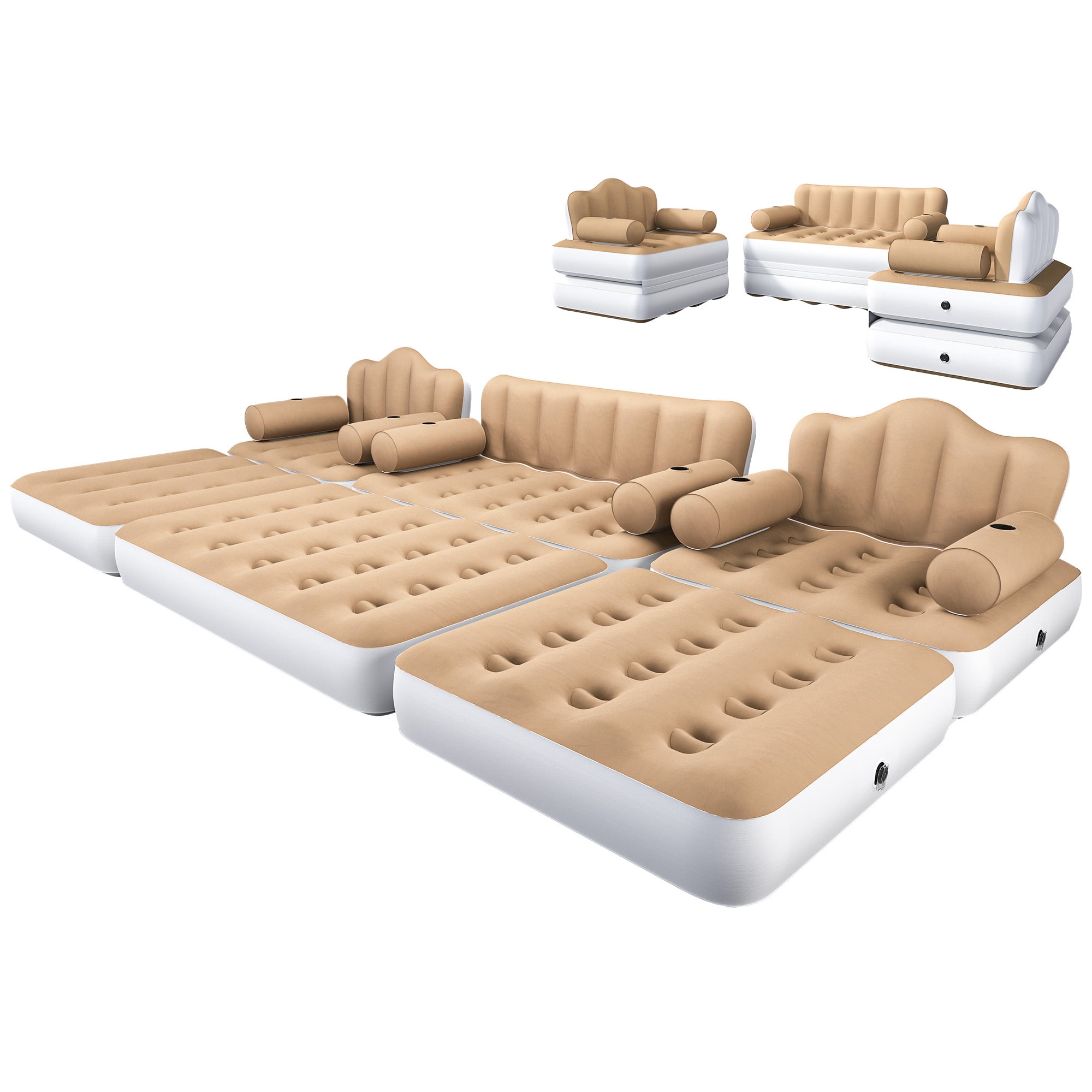 Uforic 3-Piece Air Sofa Bed Set with Pump, Queen & 2 Twin Size 2-in-1 Convertible Inflatable Sofa Bed with Headboard, Cup Holders, Carry Bag for Home Camping Guest Use, Khaki