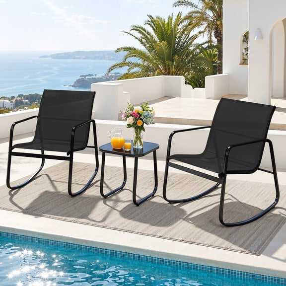 Uforic 3-Piece Outdoor Patio Bistro Set, Textilene Rocking Chairs with Coffee Table, All Weather Outdoor Furniture for Backyard Garden Balcony Poolside, Black