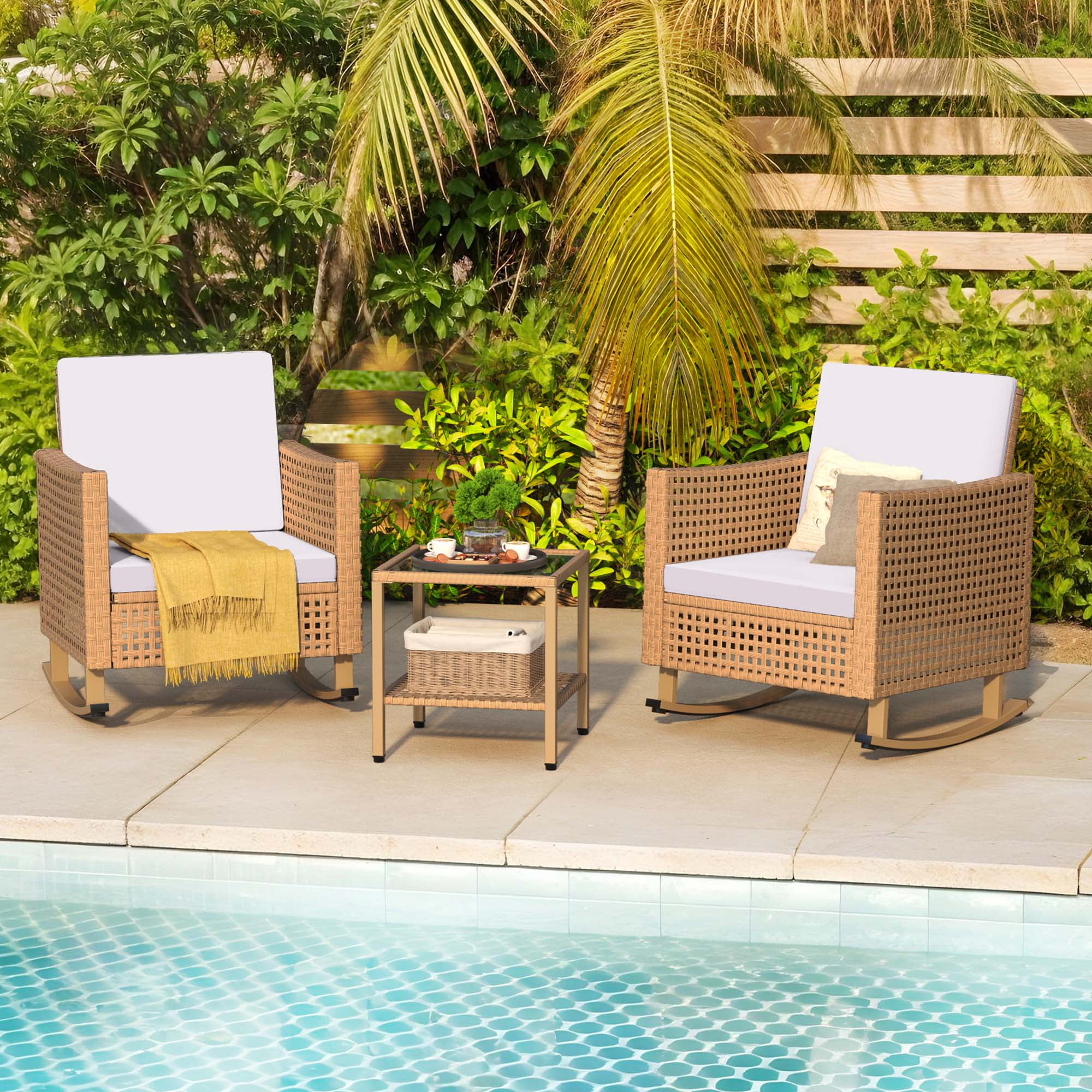 Uforic 3-Piece Outdoor Rocking Chairs, Wicker Patio Furniture with Thickened Cushions and Table for Porch (Brown)