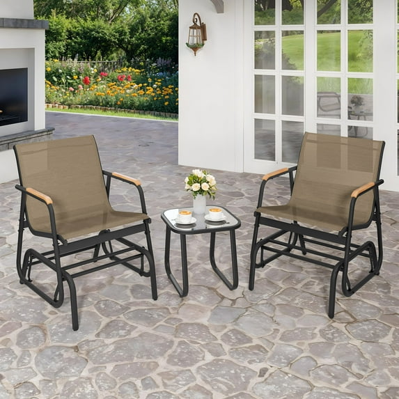 Uforic 3-Piece Patio Bistro Set, Outdoor Textilene Glider Chair Set with Coffee Table, Brown