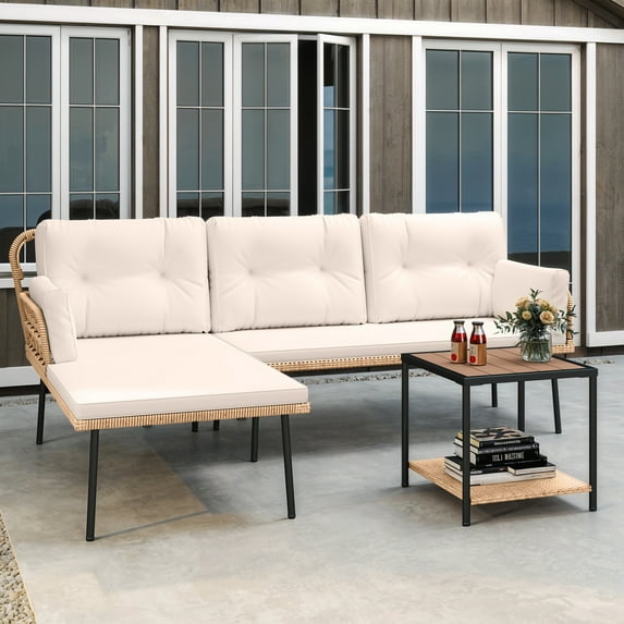 Uforic 3-Piece Patio Furniture Set, Indoor Outdoor Wicker Conversation Set of Sectional L-Shaped Sofa with Cushions and Coffee Table, Beige