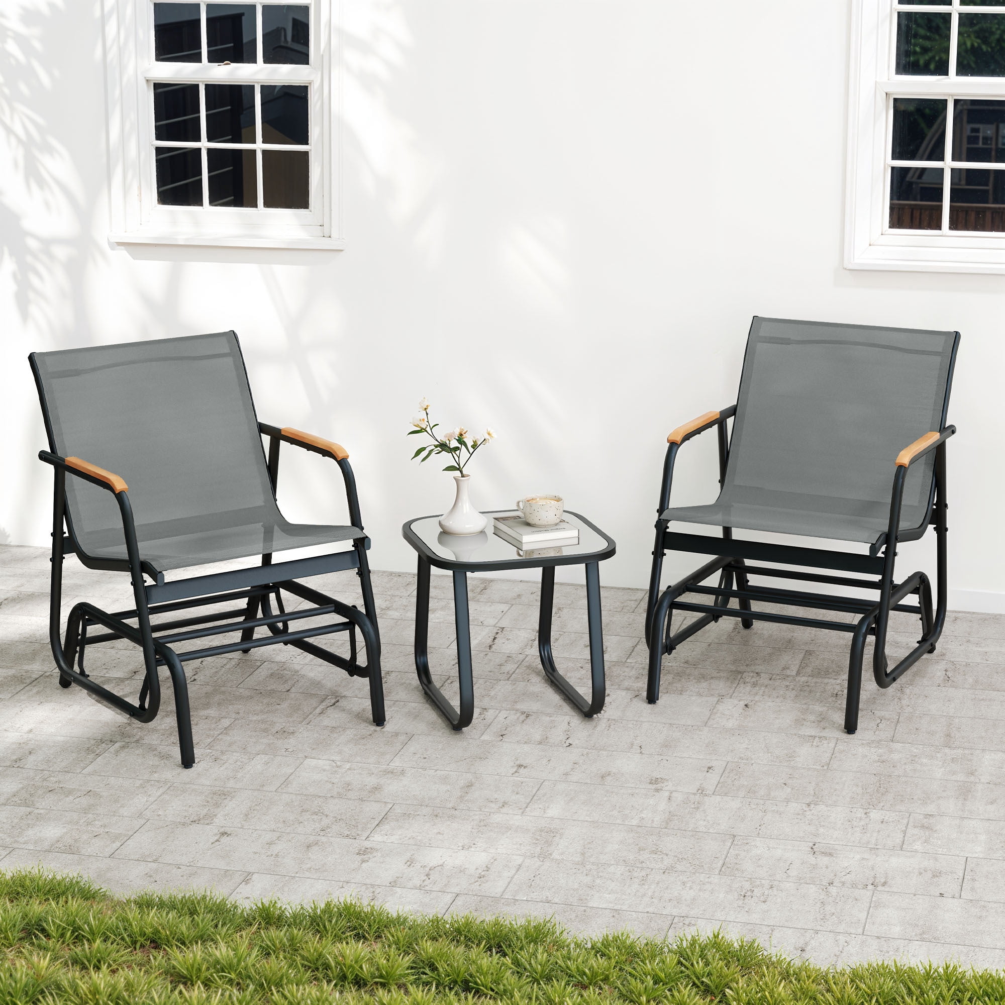 Uforic 3-Piece Patio Furniture Set, Outdoor Textilene Glider Bistro Set with 2 Glider Chairs & Tempered Glass Coffee Table, Heavy Duty Outdoor Seating Set for Backyard, Garden, Balcony, Gray