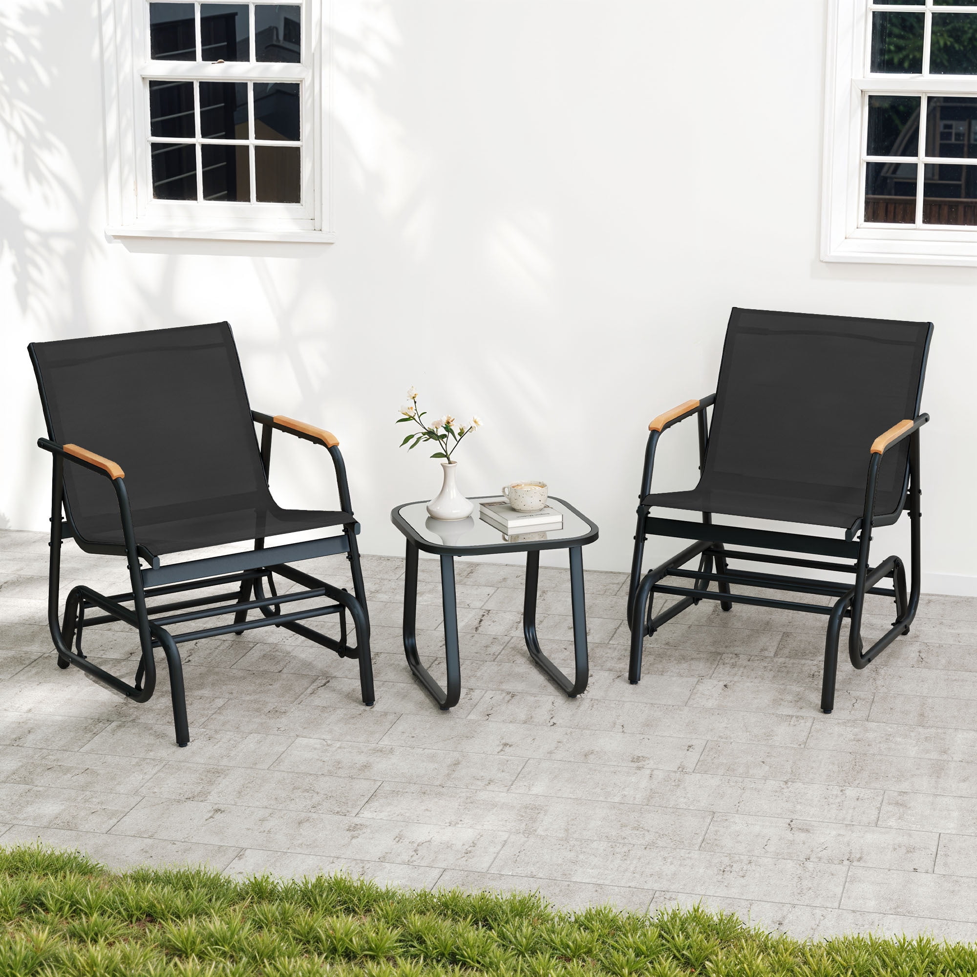 Uforic 3-Piece Patio Furniture Set, Outdoor Textilene Glider Bistro Set with 2 Glider Chairs & Tempered Glass Coffee Table, Heavy Duty Outdoor Seating Set for Backyard, Garden, Balcony, Black