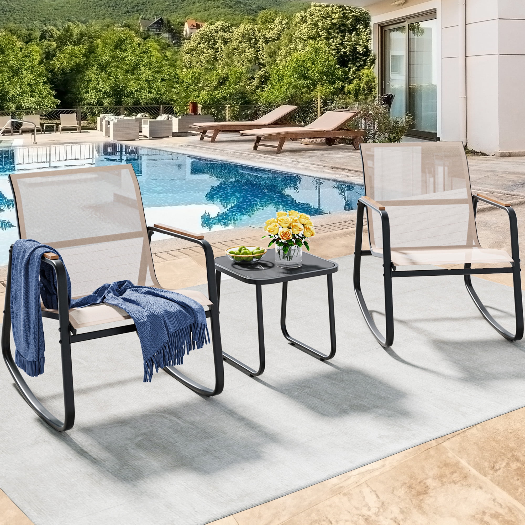 Uforic 3 Piece Patio Rocking Bistro Set, Textilene Outdoor Rocking Chairs with Wooden Armrest, Tempered Glass Side Table, Furniture Set for Garden Balcony Poolside, Beige