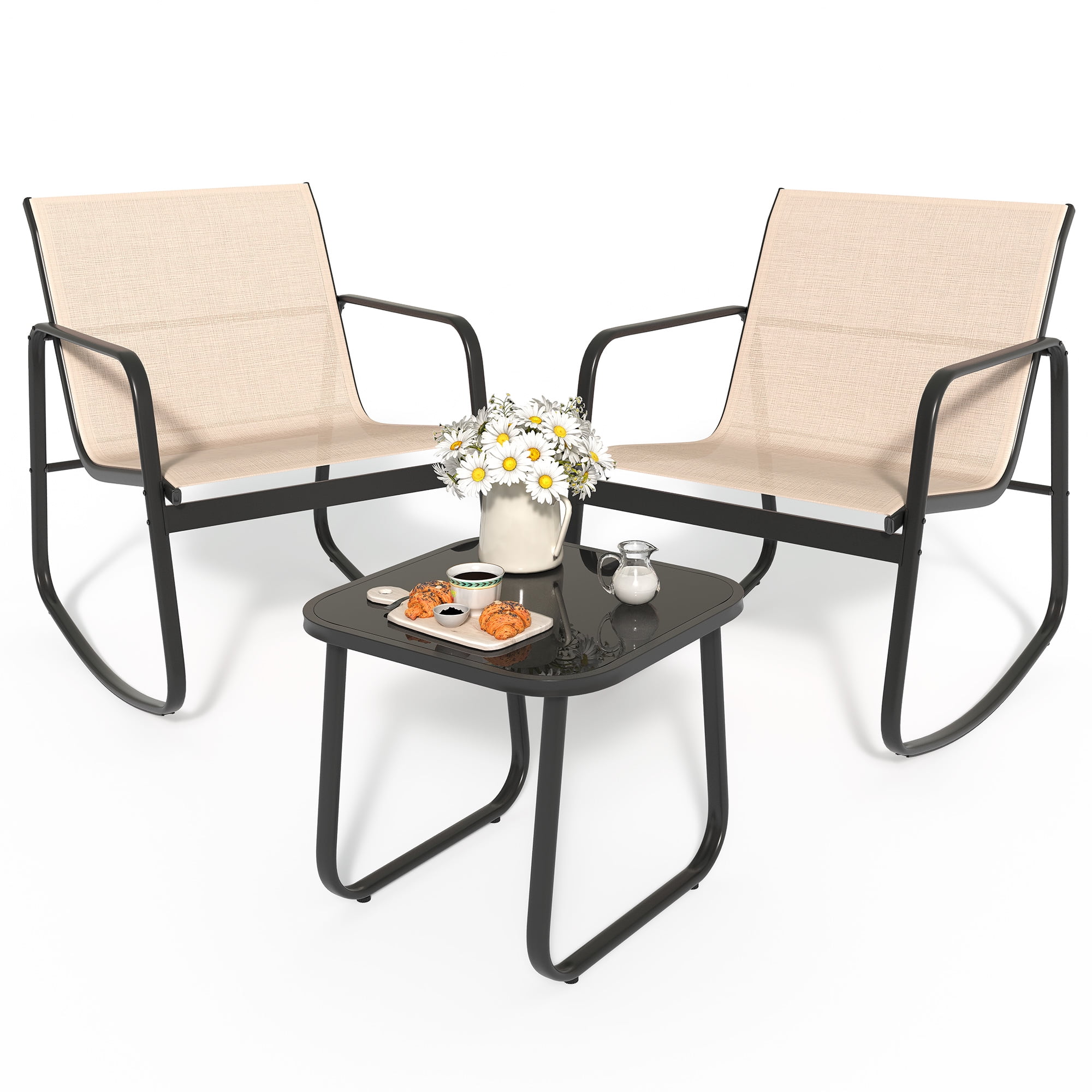 Uforic 3 Pieces Outdoor Patio Conversation Set, Textilene Patio Bistro Set with Coffee Table, Modern Rocking Bistro Chair - Brown