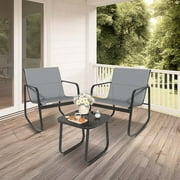 Uforic 3 Pieces Outdoor Patio Conversation Set, Textilene Patio Bistro Set with Coffee Table, Modern Rocking Bistro Chair - Gray