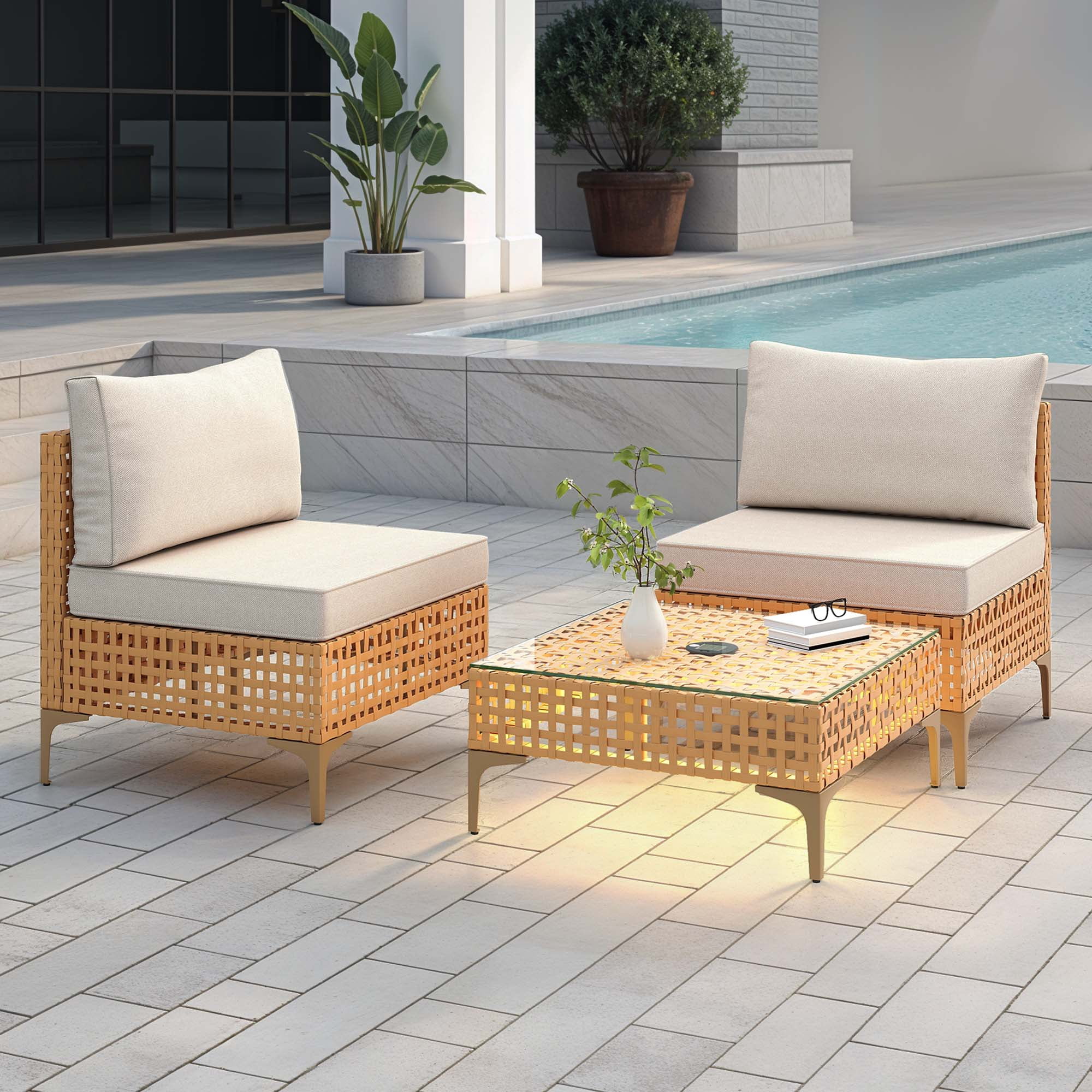 Uforic 3 Pieces Outdoor Patio Furniture Set,Rattan Wicker Conversation Set,Bistro Set of Outdoor Sectional Sofa Chairs & Solar Light Coffee Table