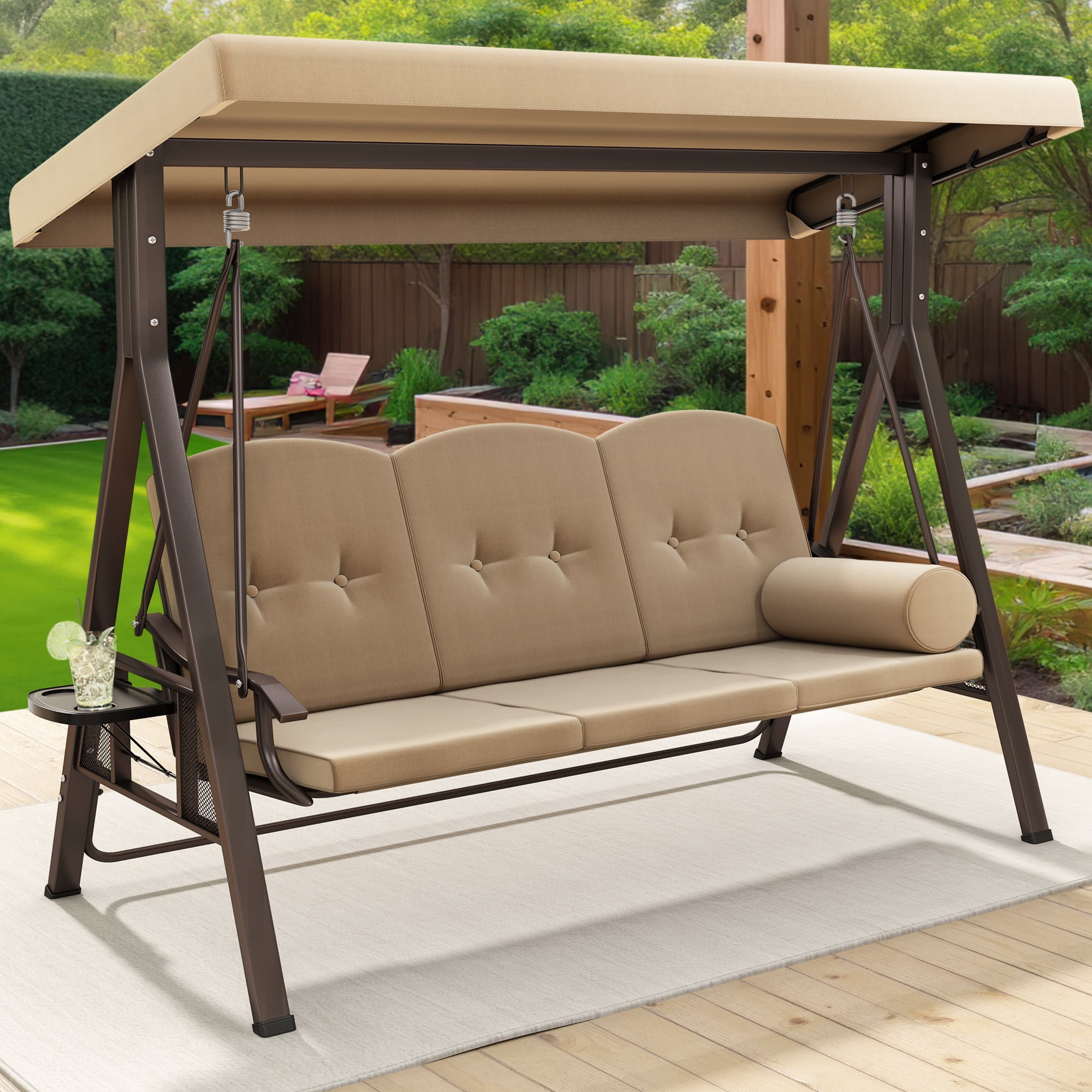 Uforic 3-Seat Outdoor Swing Chair with Adjustable Canopy & Cushions, Steel Frame, Side Trays, Brown
