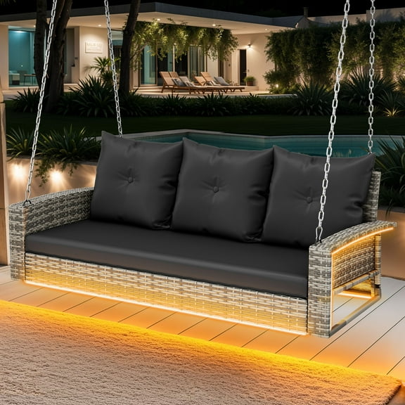 Uforic 3-Seat Outdoor Wicker Porch Swing with LED Lights & Black Cushions, Patio Hanging Chair