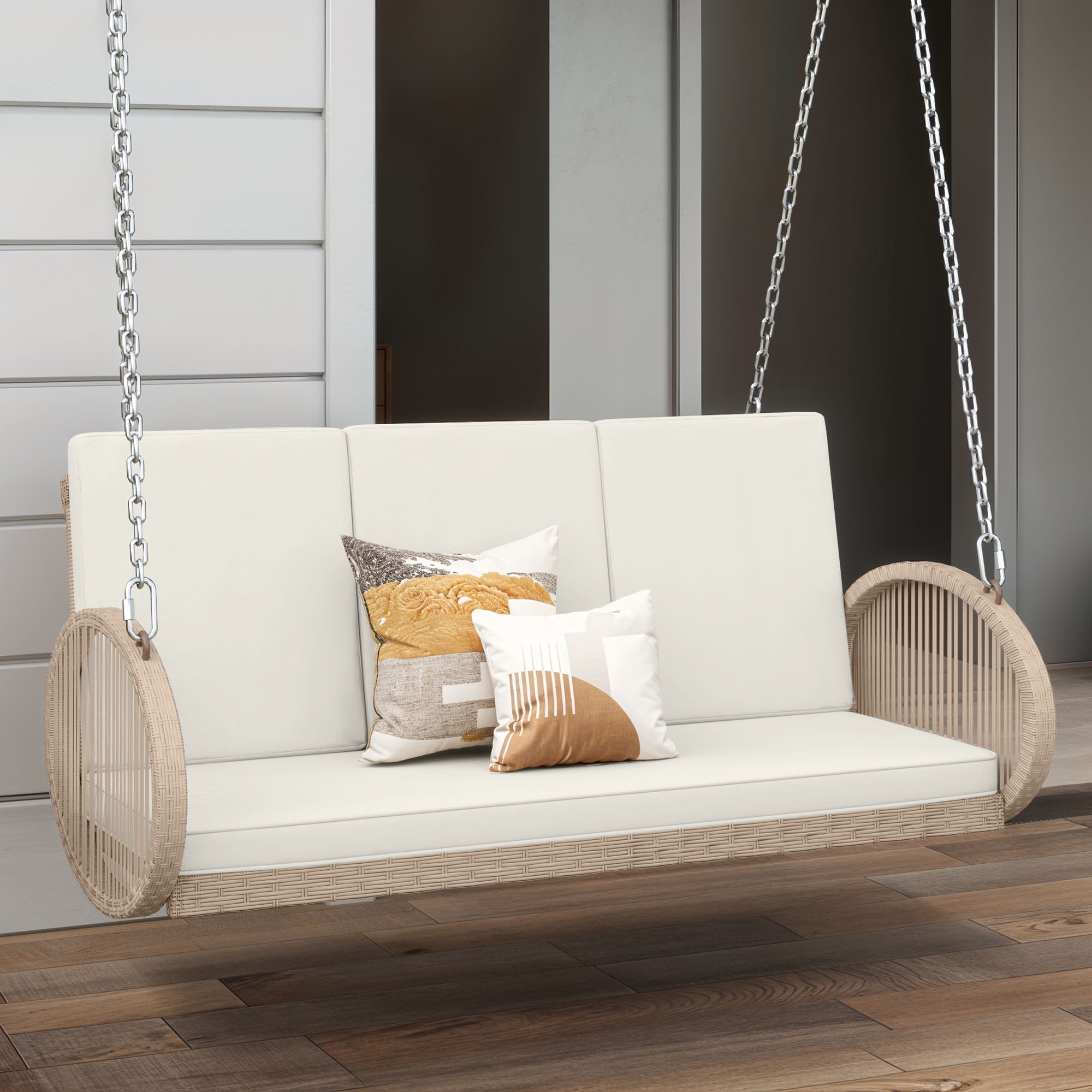 Uforic 3-Seats Wicker Hanging Porch Swing Chair Outdoor Rattan Patio Swing Lounge Chair 535lbs Capacity - Beige