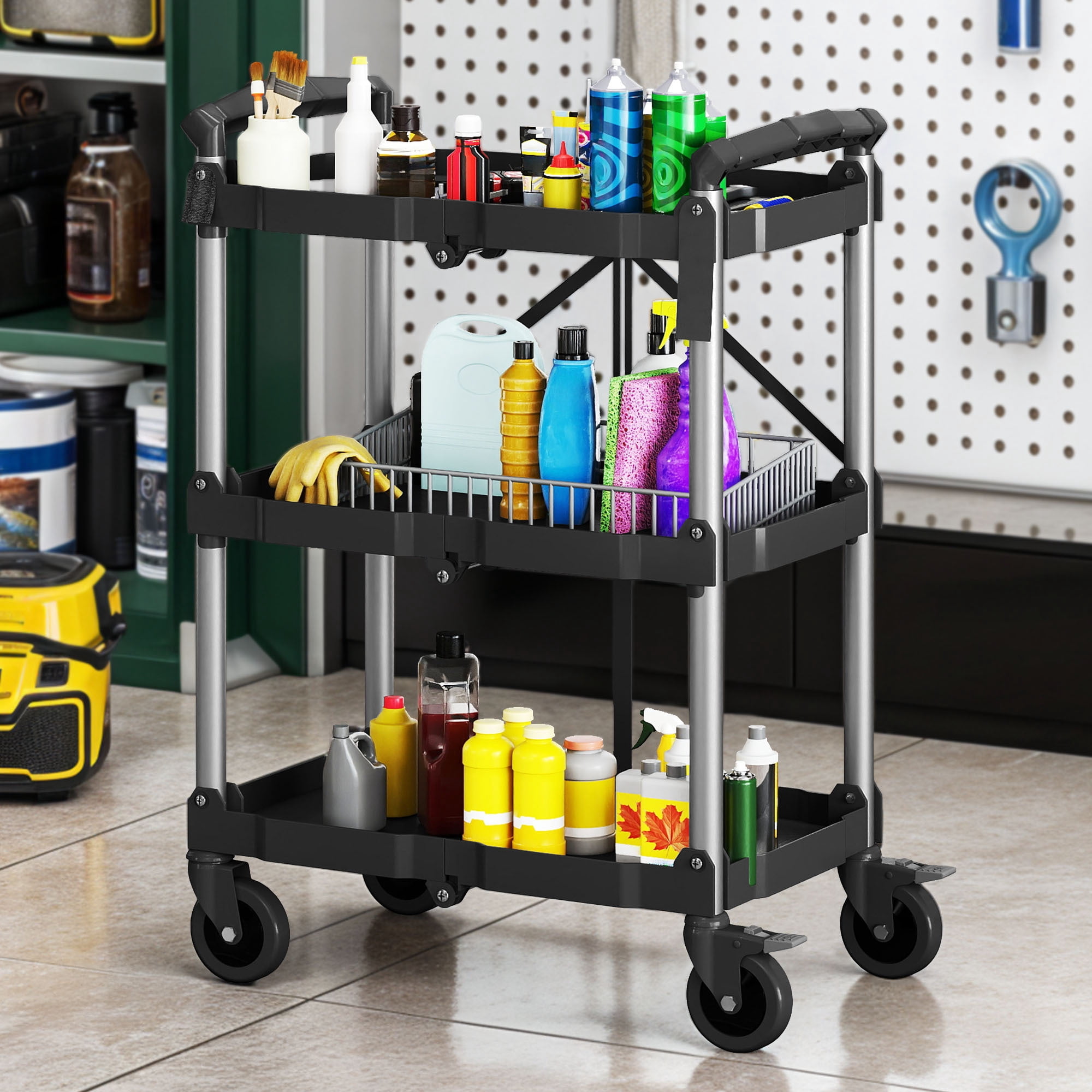 Uforic 3-Tier Heavy Duty Folding Service Cart, 240Lbs Capacity, Black Plastic with Aluminum Tubes, 58.5×39×83CM