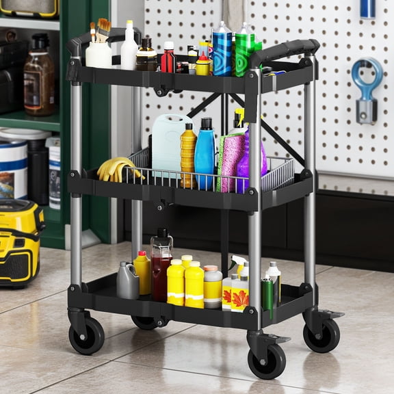 Uforic 3-Tier Heavy Duty Folding Service Cart, 240Lbs Capacity, Black Plastic with Aluminum Tubes, 58.53983CM