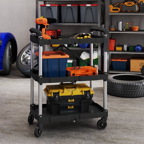 Uforic 3-Tier Heavy Duty Folding Service Cart, 350Lbs Capacity, Black Plastic with Aluminum Tubes, 58.53987CM