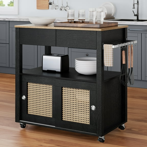 Uforic 3 Tier Kitchen Island Carts on Wheels with Storage,with Large Capacity Storage Drawers for Kitchen and Dining Room, Black