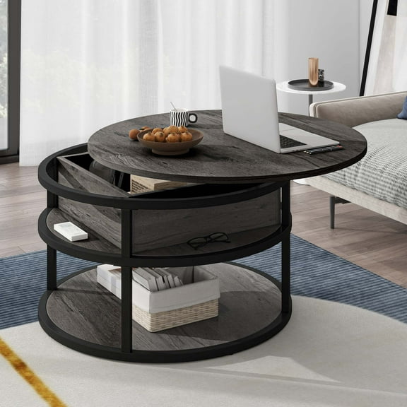 Uforic 3-Tier Lift Top Round Coffee Table with Hidden Storage, Gray