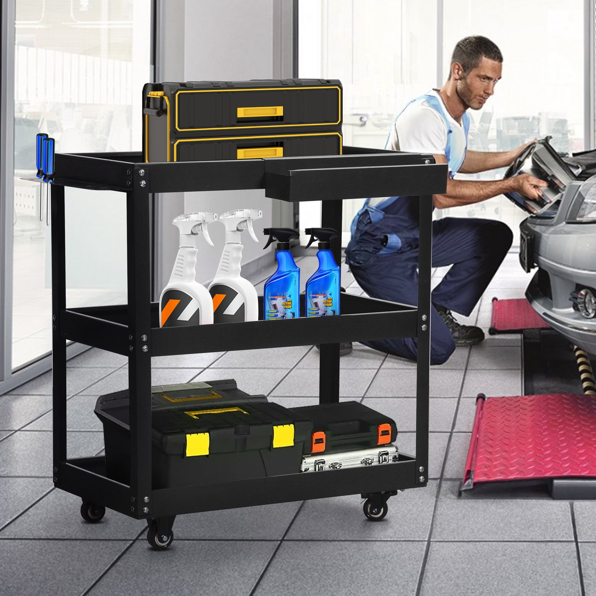 Black 3-Tier Steel Rolling Tool Cart with Storage Box