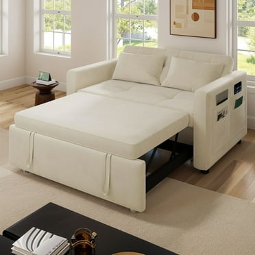 Uforic 3 in 1 Convertible Sleeper Sofa Bed,55" Modern Velvet Pull Out Sofa Bed with Reclining Backrest, Beige