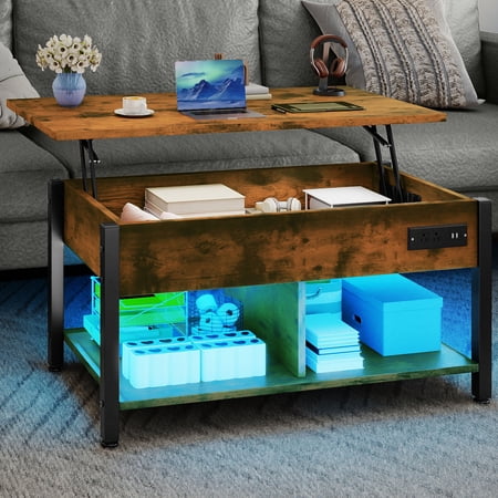 Uforic 3-in-1 Lift-Top Coffee Table with Storage, LED Lights & Power Hub for Living Room/Home Office, Brown