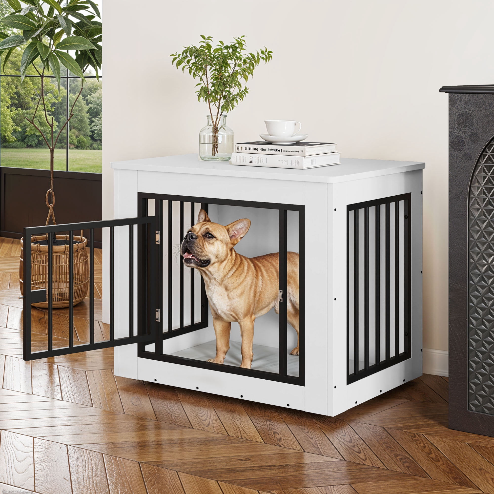 Uforic 30.1" Dog Crate Furniture, 2-in-1 Iron-Wood Indoor Dog Cage with Lockable Door, Safety Corners, and Waterproof Top, White