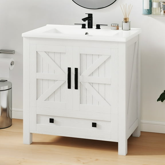 Uforic 30" Bathroom vanity with Sink Top, Farmhouse Bathroom Storage Cabinet with Drawers, White