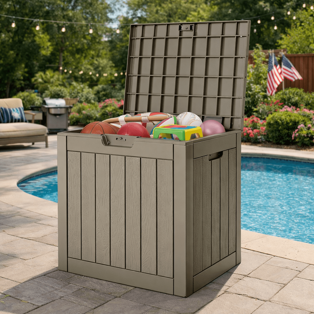 Uforic 30 Gallon Outdoor Storage Box, Weatherproof Lockable Resin Deck Box for Patio Furniture, Pool Accessories, Garden Tools and Supplies, Brown