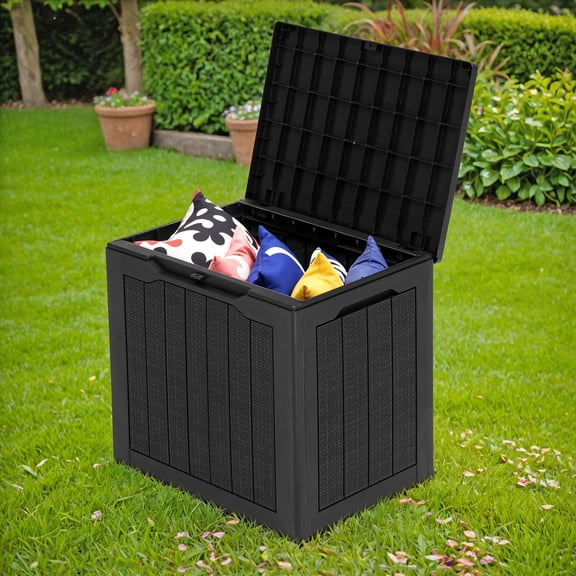 Uforic 30 Gallon Resin Deck Box, Weatherproof Lockable Outdoor Storage Bench, Rattan Style Organizer for Patio Garden Backyard Poolside Yard, Black