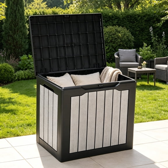 Uforic 30 Gallon Weatherproof Resin Deck Box, Lockable Outdoor Storage Chest, Multifunctional Patio Storage Bench for Patio Cushions, Garden Tools and Pool Supplies, Black & Gray