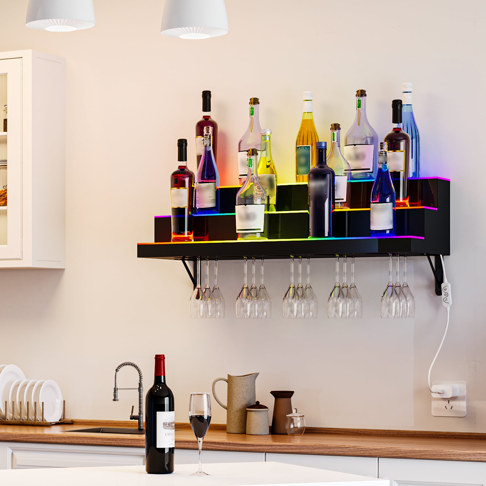 Uforic 30-Inch Black & Matte White Acrylic Wine Rack | 3-Tier Wall-Mounted LED Liquor Bottle Display Shelf | Smart App & Remote Control | 7 Glass Holders | USB & Power Bank Compatible