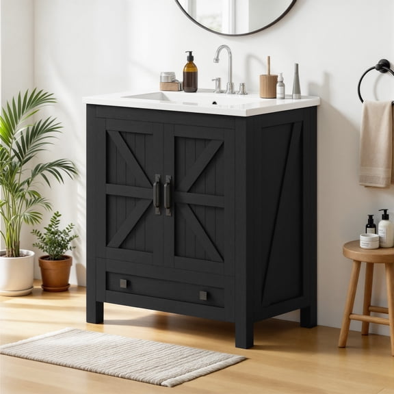Uforic 30 Inch Farmhouse Bathroom Vanity with Sink, Small Space Storage Cabinet with Large Drawer & 2 Wood Barn Doors with Built-in Racks