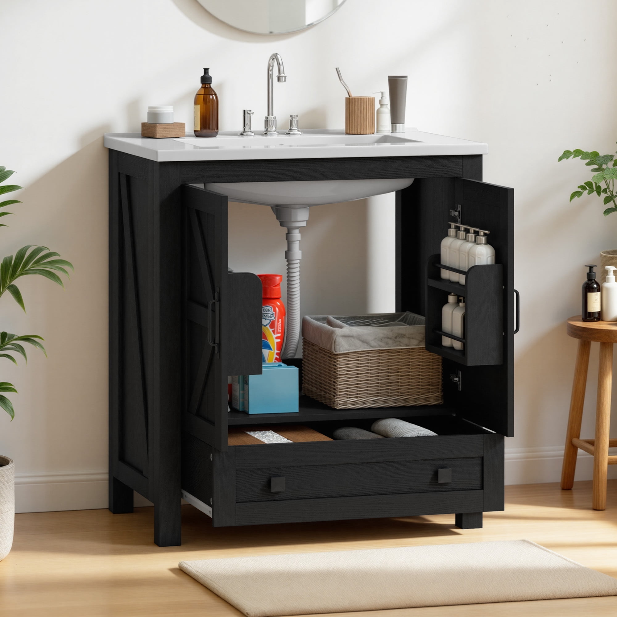 Uforic 30 Inch Farmhouse Freestanding Storage Vanity with Ceramic Sink, Soft Close Wood Barn Doors for Small Powder Room